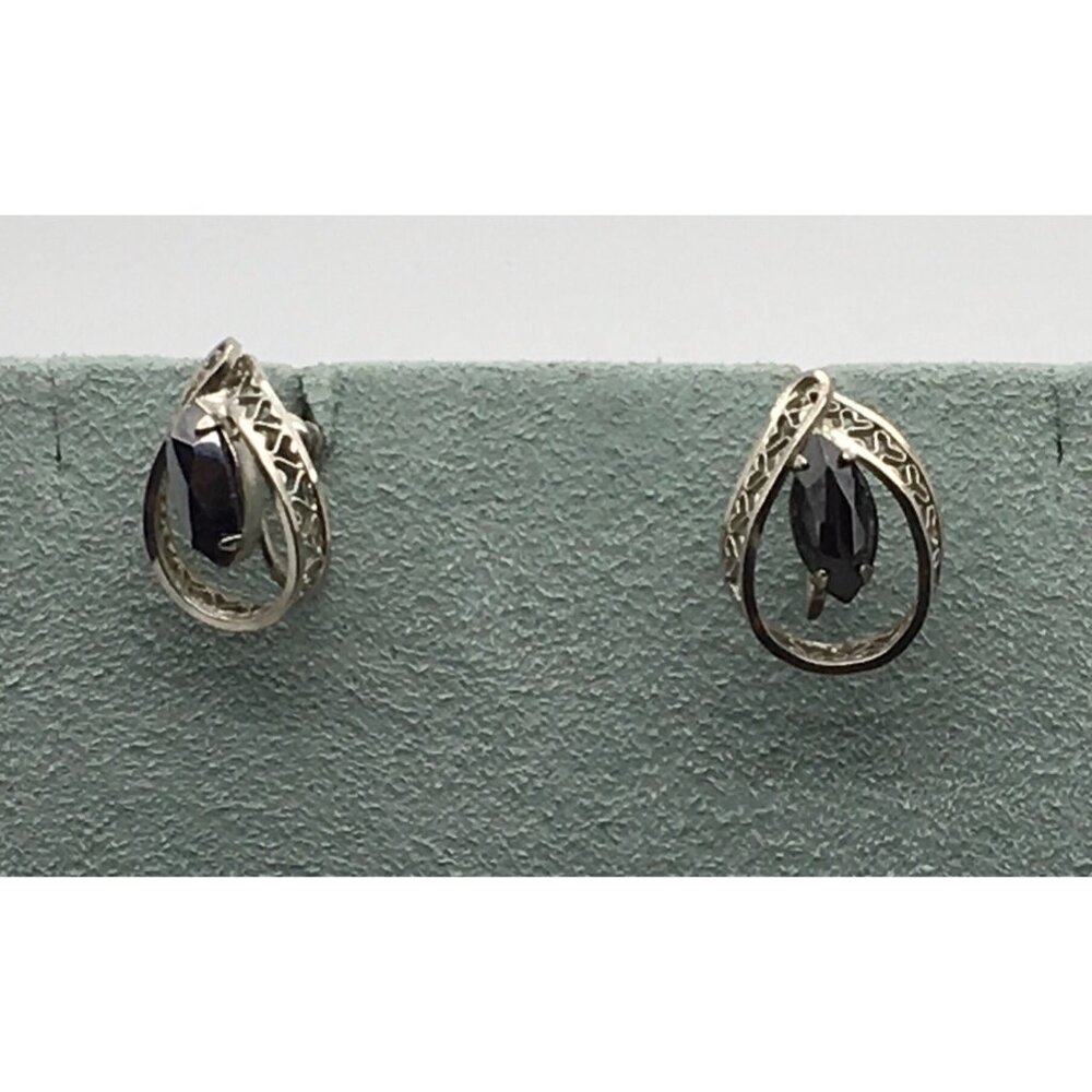 Titan Sterling Silver  Hematite  Screw Back Earrings Filigree Tear Drop